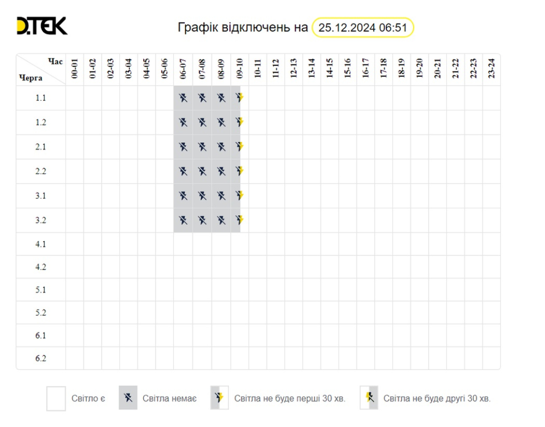 Графики отключения света в Киеве в среду 25 декабря